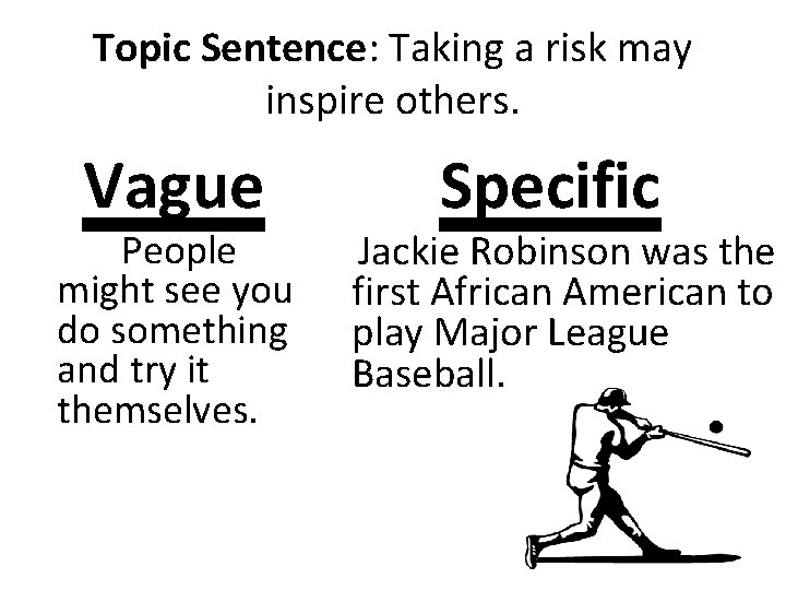 Topic Sentence: Taking a risk may inspire others. Vague People might see you do Topic Sentence: Taking a risk may inspire others. Vague People might see you do