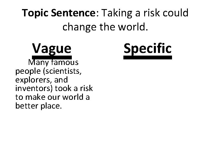 Topic Sentence: Taking a risk could change the world. Vague Many famous people (scientists, Topic Sentence: Taking a risk could change the world. Vague Many famous people (scientists,