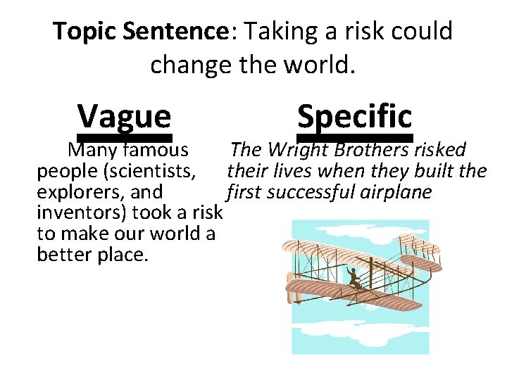 Topic Sentence: Taking a risk could change the world. Vague Specific Many famous The Topic Sentence: Taking a risk could change the world. Vague Specific Many famous The