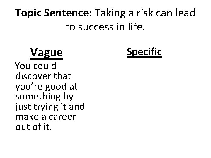 Topic Sentence: Taking a risk can lead to success in life. Vague You could Topic Sentence: Taking a risk can lead to success in life. Vague You could