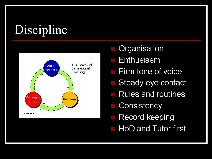 Discipline n n n n Organisation Enthusiasm Firm tone of voice Steady eye contact Discipline n n n n Organisation Enthusiasm Firm tone of voice Steady eye contact