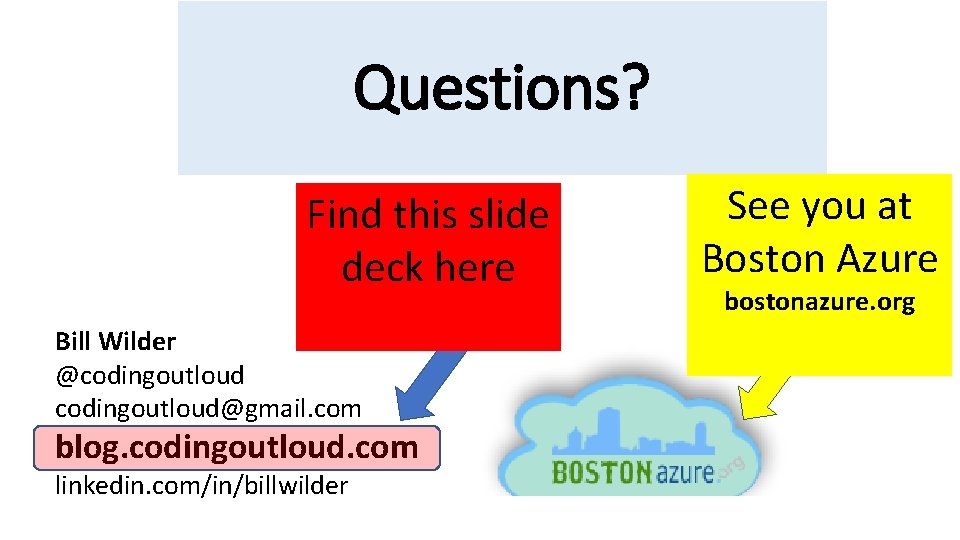 Questions? Find this slide deck here Bill Wilder @codingoutloud@gmail. com blog. codingoutloud. com linkedin.