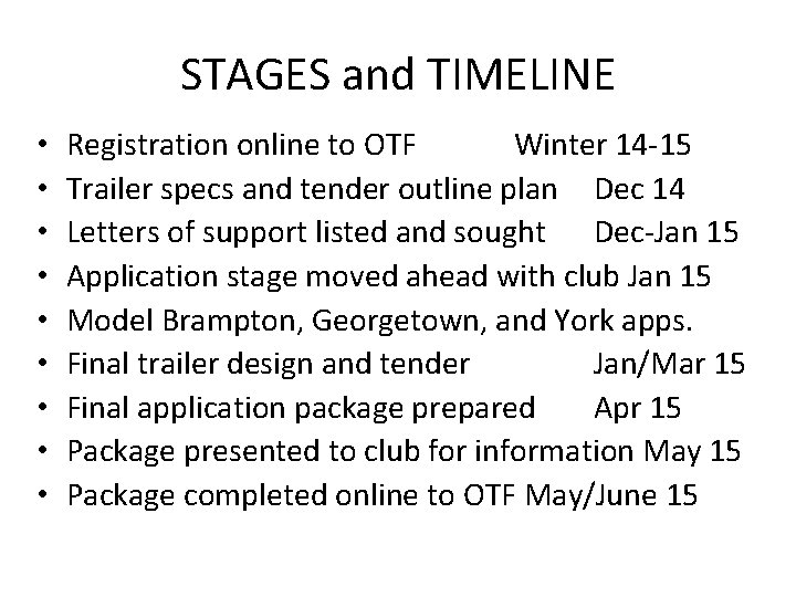 STAGES and TIMELINE • • • Registration online to OTF Winter 14 -15 Trailer