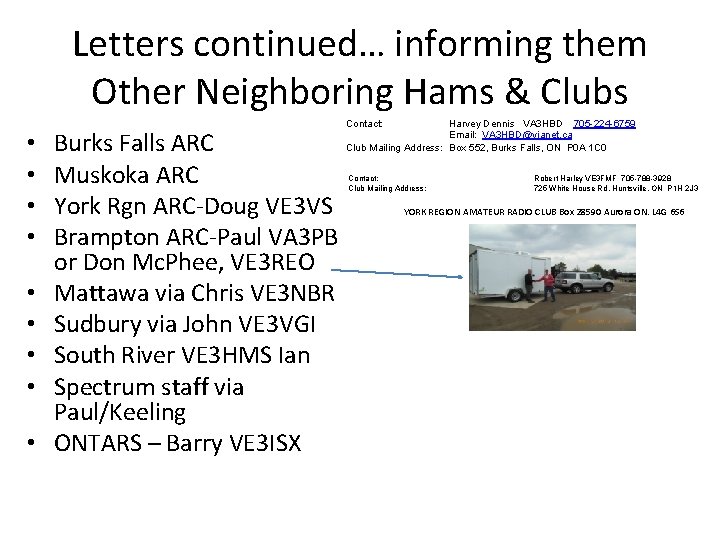 Letters continued… informing them Other Neighboring Hams & Clubs • • • Burks Falls