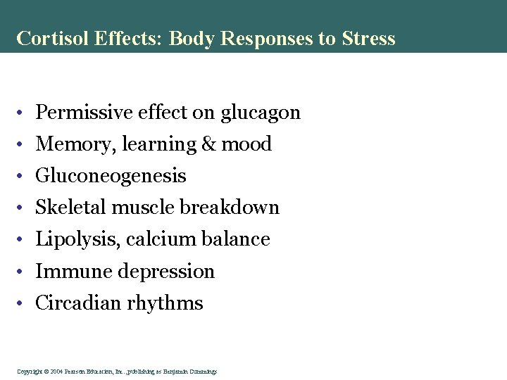 Cortisol Effects: Body Responses to Stress • Permissive effect on glucagon • Memory, learning