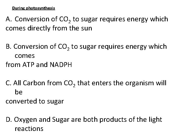 During photosynthesis A. Conversion of CO 2 to sugar requires energy which comes directly