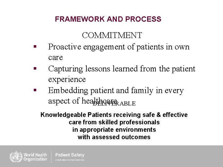 FRAMEWORK AND PROCESS § § § COMMITMENT Proactive engagement of patients in own care