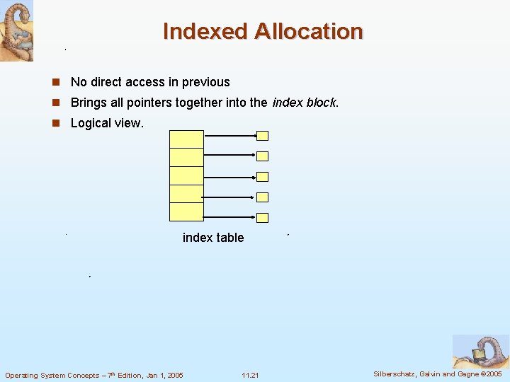 Indexed Allocation n No direct access in previous n Brings all pointers together into
