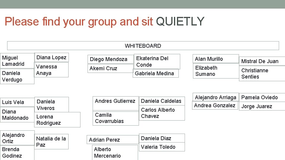 Please find your group and sit QUIETLY WHITEBOARD Miguel Lamadrid Daniela Verdugo Luis Vela