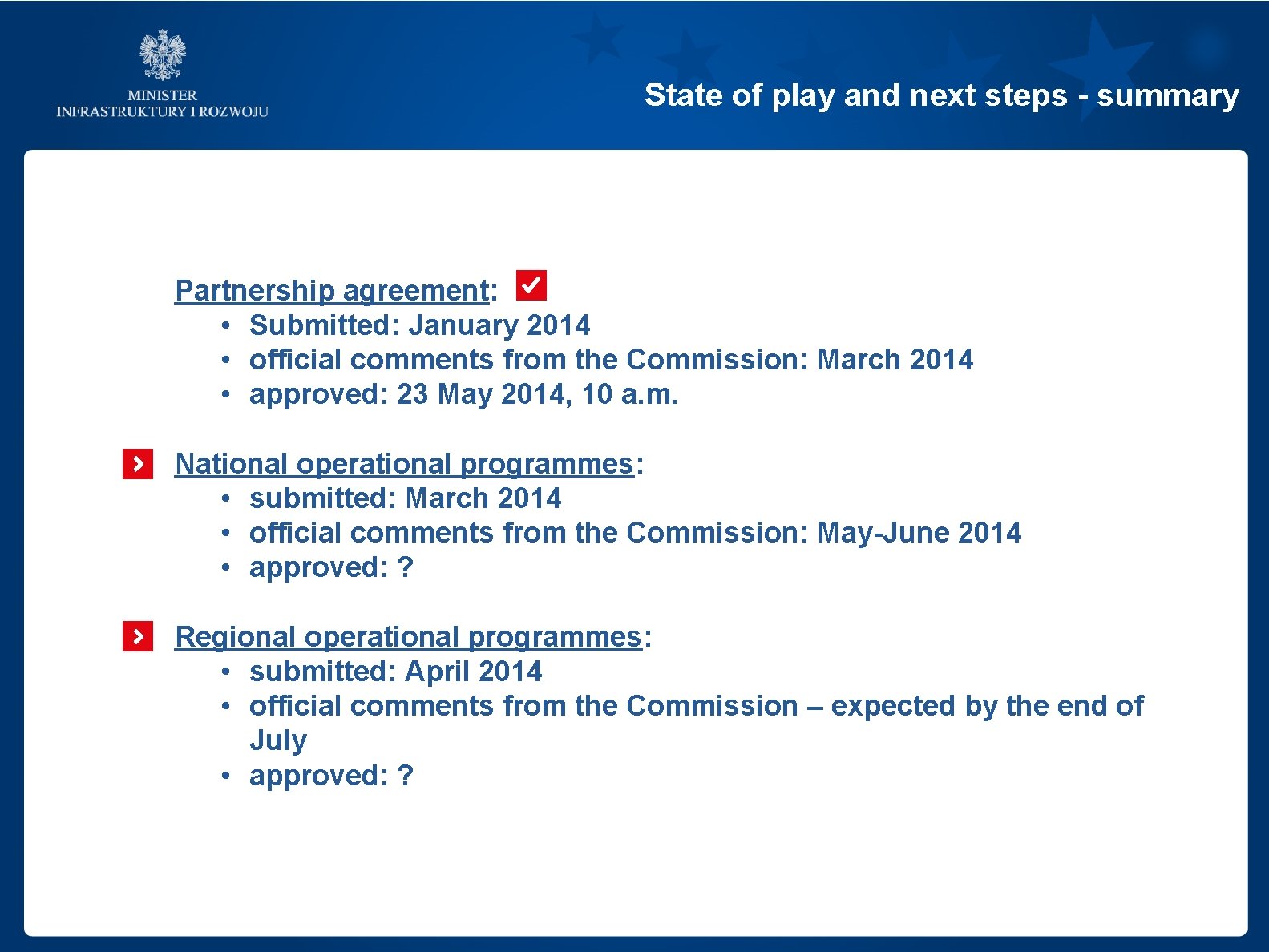 State of play and next steps - summary Partnership agreement: • Submitted: January 2014