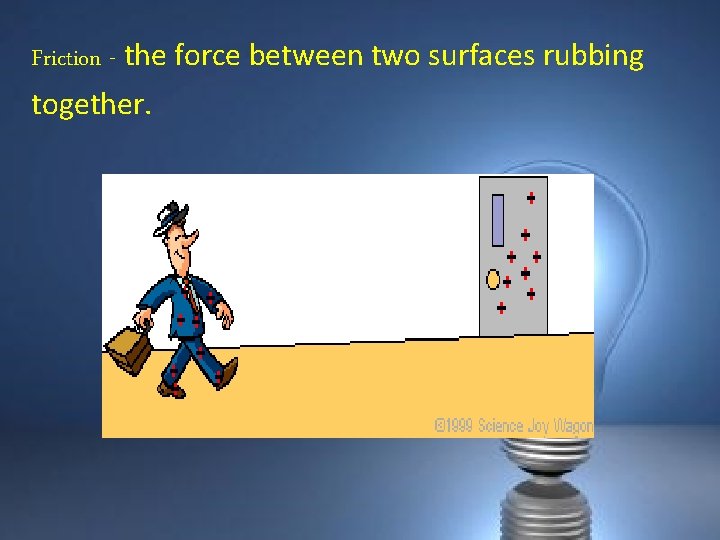 Friction - the force between two surfaces rubbing together. 