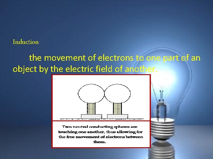 Induction the movement of electrons to one part of an object by the electric