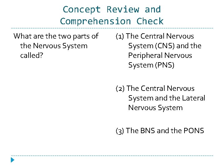 Concept Review and Comprehension Check What are the two parts of the Nervous System