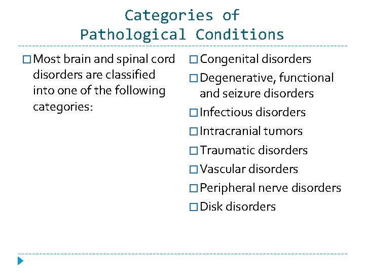 Categories of Pathological Conditions � Most brain and spinal cord disorders are classified into