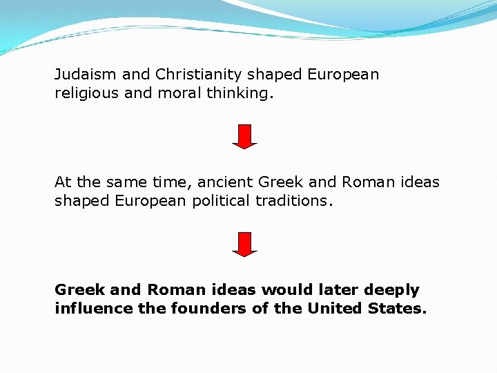 Judaism and Christianity shaped European religious and moral thinking. At the same time, ancient
