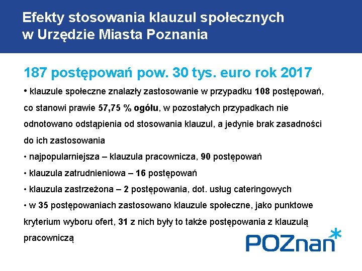 Efekty stosowania klauzul społecznych w Urzędzie Miasta Poznania 187 postępowań pow. 30 tys. euro