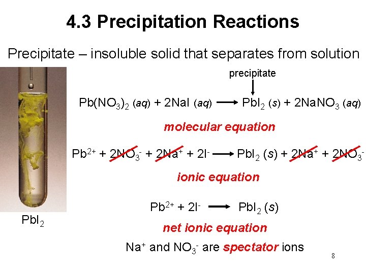 4. 3 Precipitation Reactions Precipitate – insoluble solid that separates from solution precipitate Pb(NO