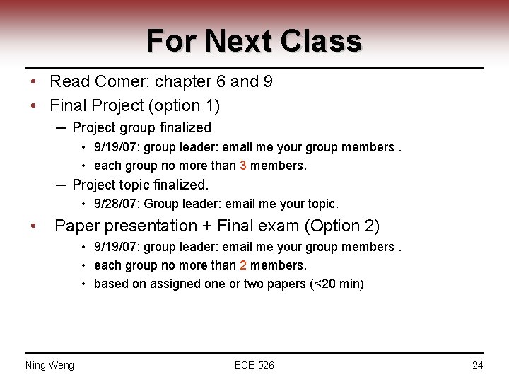 For Next Class • Read Comer: chapter 6 and 9 • Final Project (option