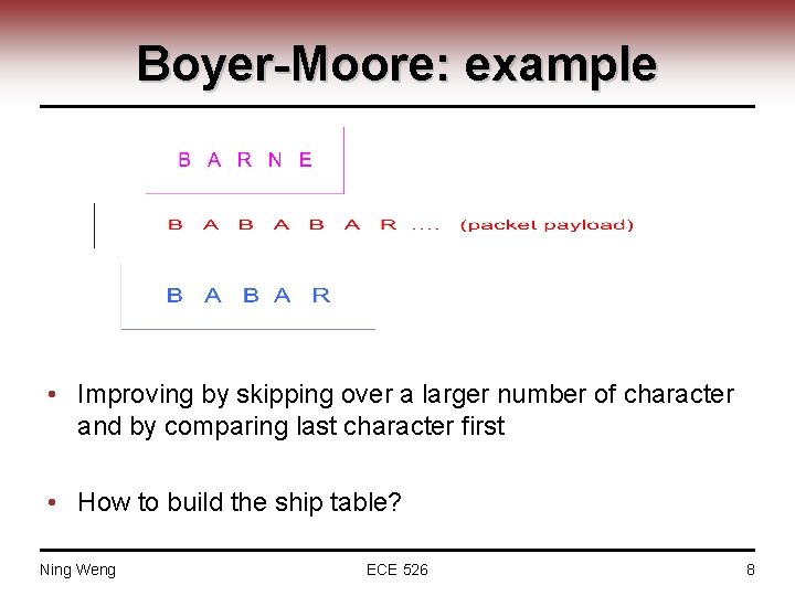 Boyer-Moore: example • Improving by skipping over a larger number of character and by
