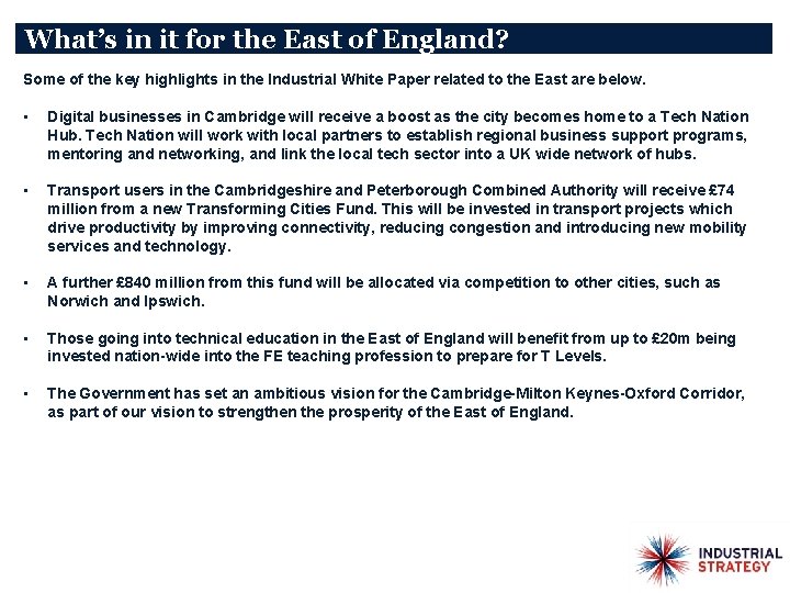 What’s in it for the East of England? Some of the key highlights in