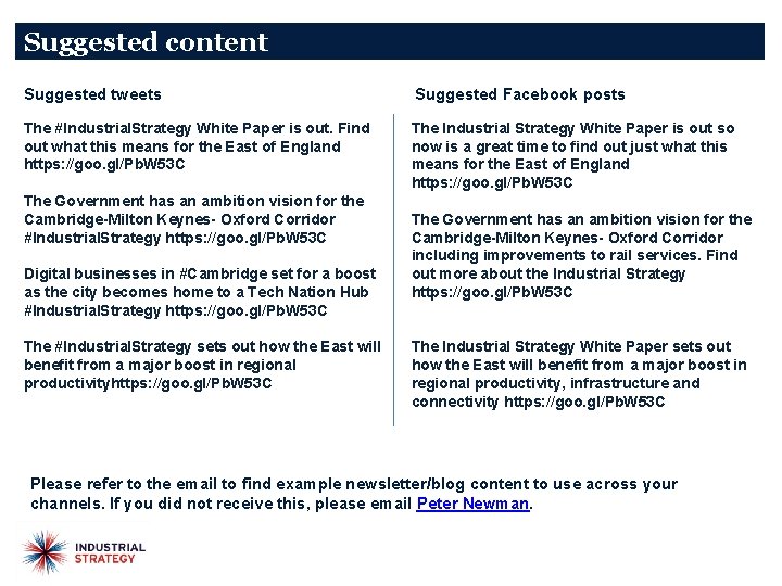 Suggested content Suggested tweets Suggested Facebook posts The #Industrial. Strategy White Paper is out.
