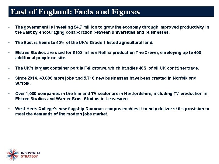 East of England: Facts and Figures • The government is investing £ 4. 7