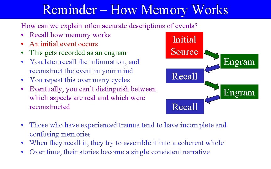 Reminder – How Memory Works How can we explain often accurate descriptions of events? Reminder – How Memory Works How can we explain often accurate descriptions of events?