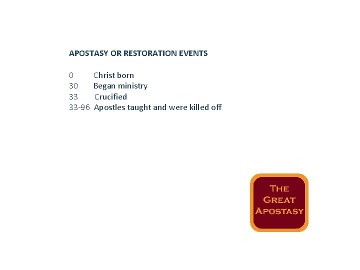 APOSTASY OR RESTORATION EVENTS 0 Christ born 30 Began ministry 33 Crucified 33 -96 APOSTASY OR RESTORATION EVENTS 0 Christ born 30 Began ministry 33 Crucified 33 -96