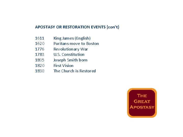 APOSTASY OR RESTORATION EVENTS (con’t) 1611 1620 1776 1783 1805 1820 1830 King James APOSTASY OR RESTORATION EVENTS (con’t) 1611 1620 1776 1783 1805 1820 1830 King James