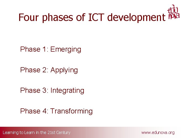 Four phases of ICT development Phase 1: Emerging Phase 2: Applying Phase 3: Integrating