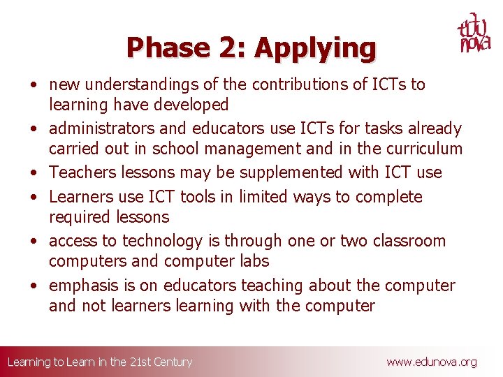 Phase 2: Applying • new understandings of the contributions of ICTs to learning have