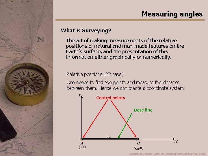 Measuring angles What is Surveying? The art of making measurements of the relative positions