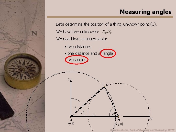 Measuring angles Let’s determine the position of a third, unknown point (C). We have