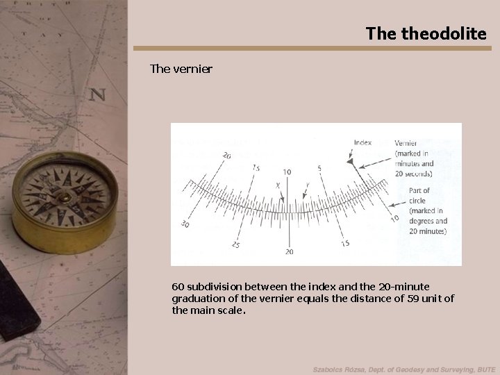 The theodolite The vernier 60 subdivision between the index and the 20 -minute graduation