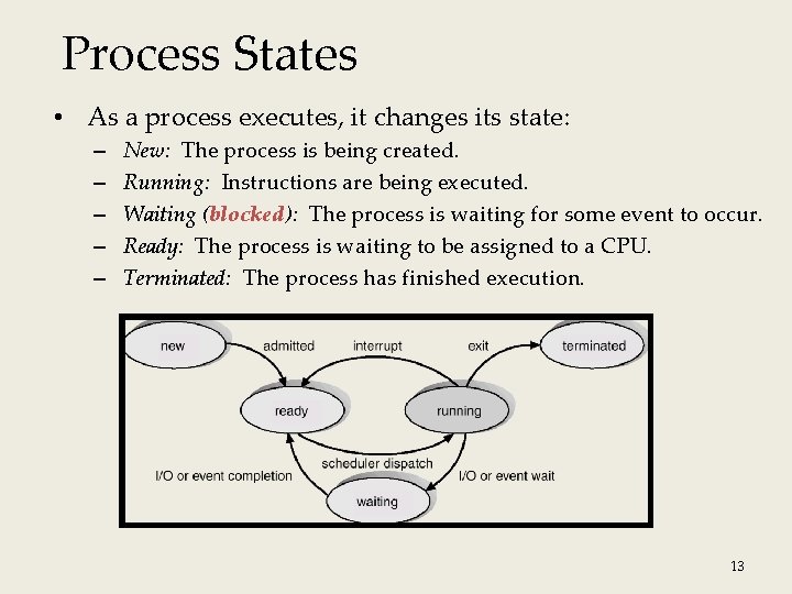 Process States • As a process executes, it changes its state: – – –