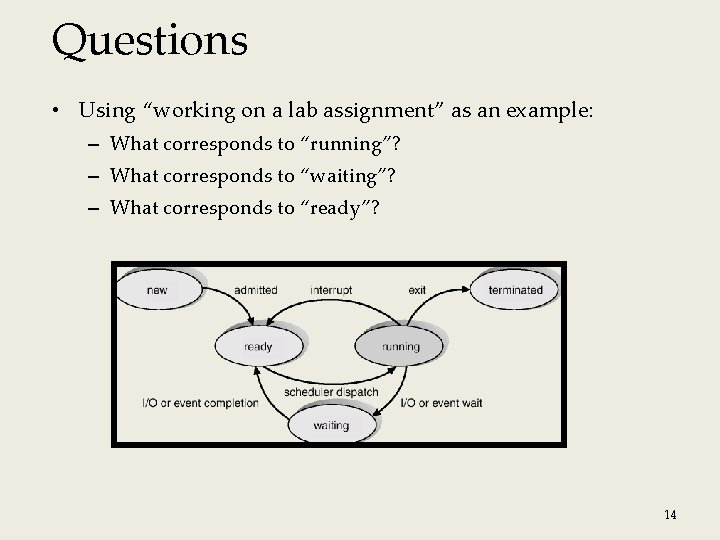 Questions • Using “working on a lab assignment” as an example: – What corresponds