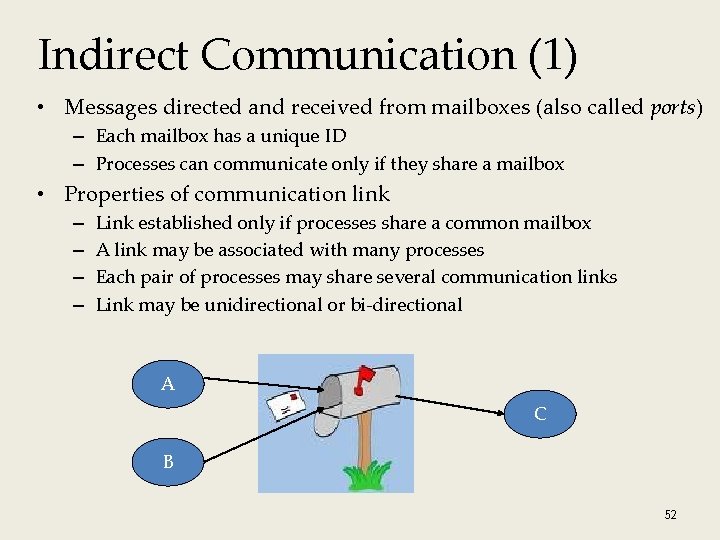 Indirect Communication (1) • Messages directed and received from mailboxes (also called ports) –