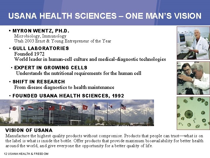 USANA HEALTH SCIENCES – ONE MAN’S VISION • MYRON WENTZ, PH. D. Microbiology, Immunology