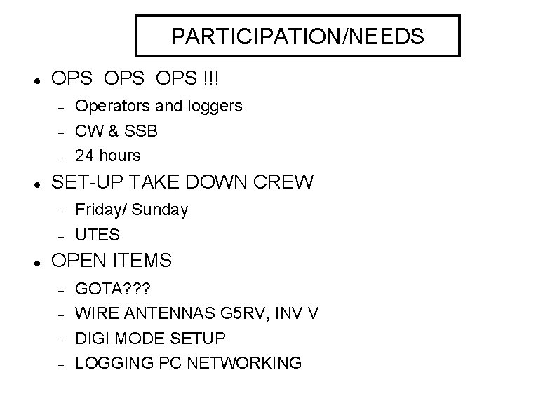 PARTICIPATION/NEEDS OPS OPS !!! SET-UP TAKE DOWN CREW Operators and loggers CW & SSB