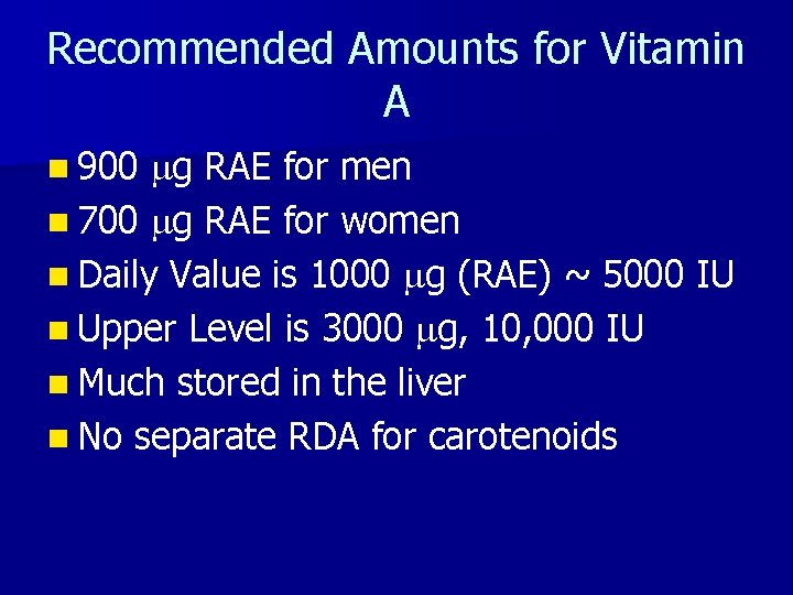 Recommended Amounts for Vitamin A g RAE for men n 700 g RAE for