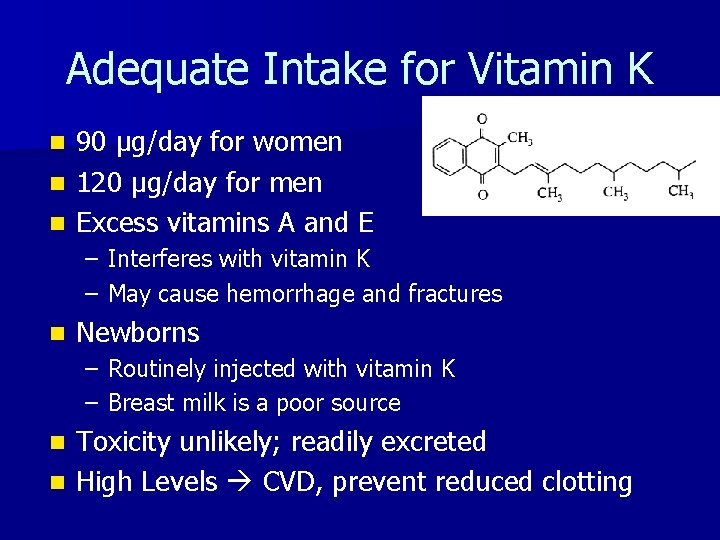 Adequate Intake for Vitamin K 90 µg/day for women n 120 µg/day for men