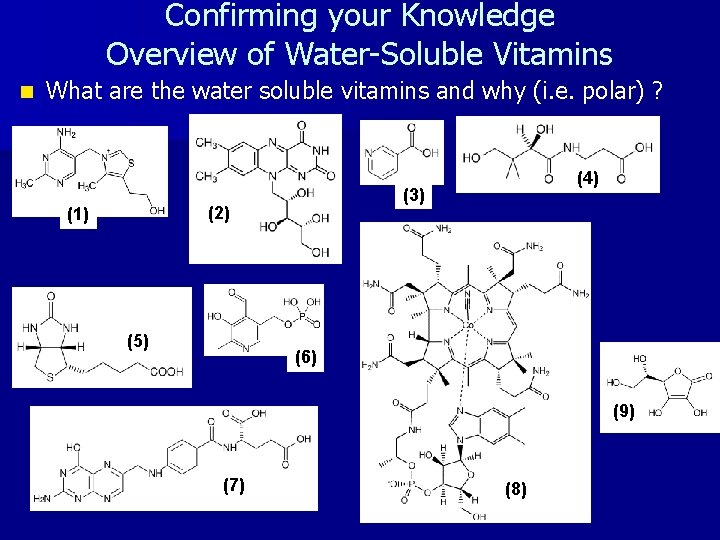 Confirming your Knowledge Overview of Water-Soluble Vitamins n What are the water soluble vitamins