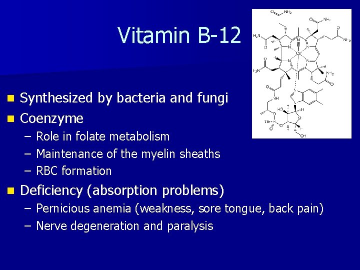 Vitamin B-12 Synthesized by bacteria and fungi n Coenzyme n – – – n