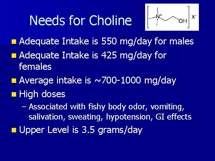 Needs for Choline n Adequate Intake is 550 mg/day for males n Adequate Intake