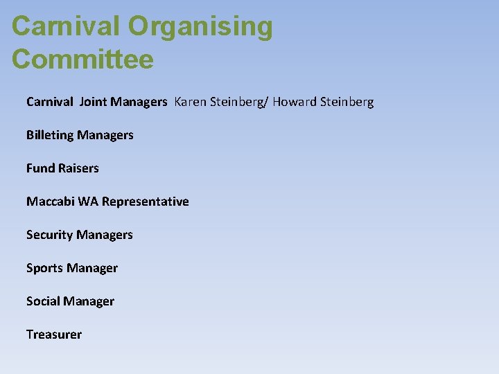 Carnival Organising Committee Carnival Joint Managers Karen Steinberg/ Howard Steinberg Billeting Managers Fund Raisers
