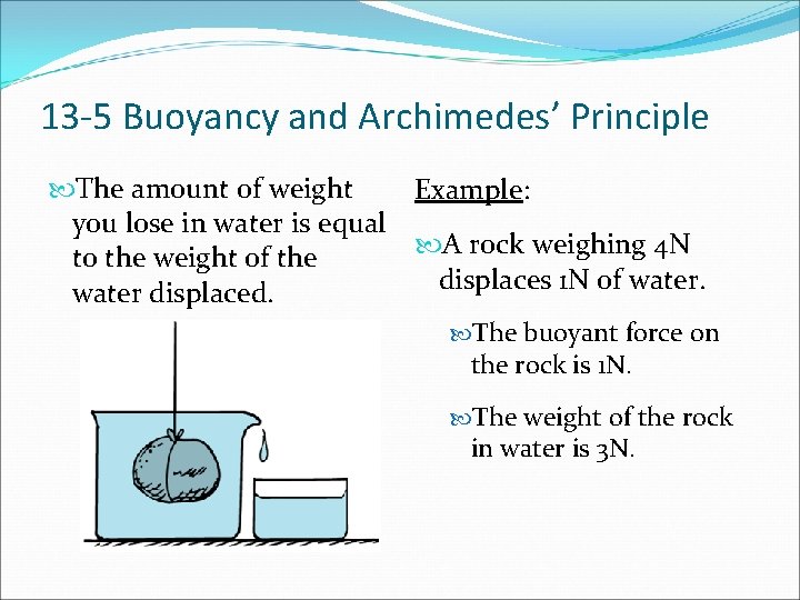 13 -5 Buoyancy and Archimedes’ Principle The amount of weight you lose in water