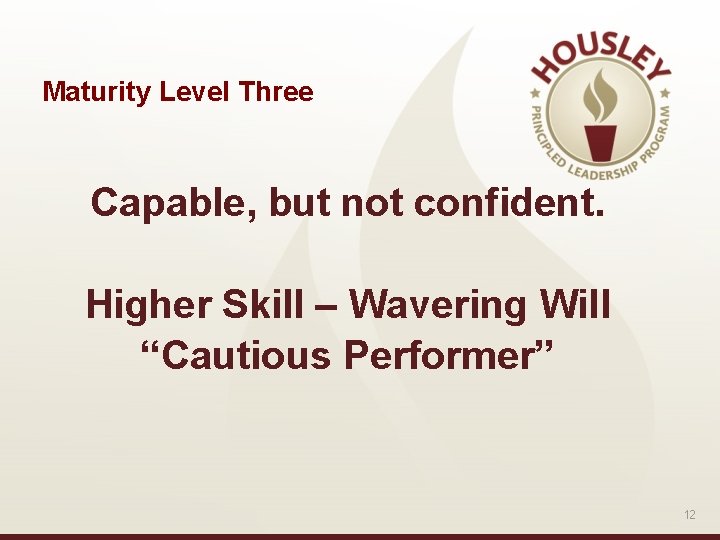 Maturity Level Three Capable, but not confident. Higher Skill – Wavering Will “Cautious Performer”