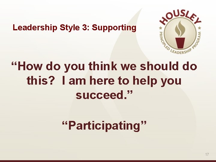 Leadership Style 3: Supporting “How do you think we should do this? I am