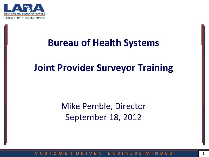 Bureau of Health Systems Joint Provider Surveyor Training Mike Pemble, Director September 18, 2012