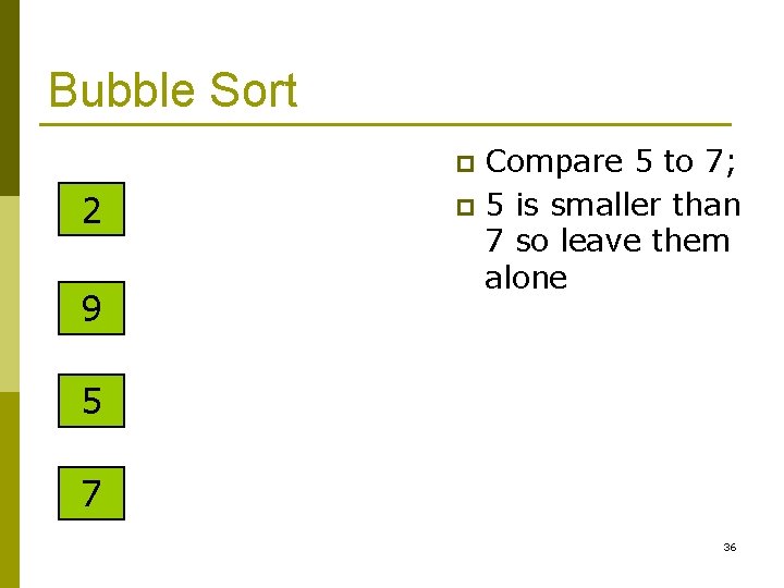 Bubble Sort Compare 5 to 7; p 5 is smaller than 7 so leave